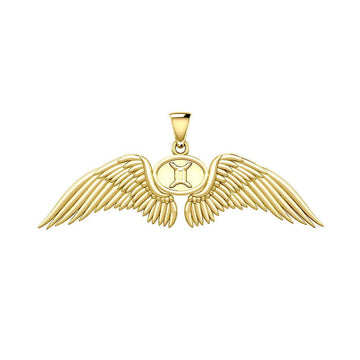 Guardian Angel Wings Solid Gold Pendant with Gemini Zodiac Sign GPD5517 - Jewelry
